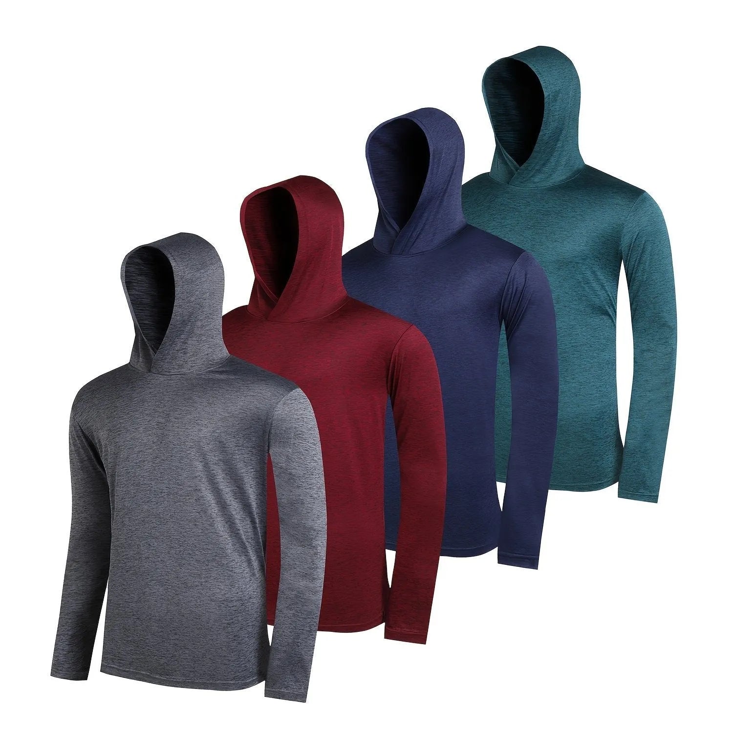 Four folded men's lightweight polyester hoodies from a multipack, shown in a solid colour.