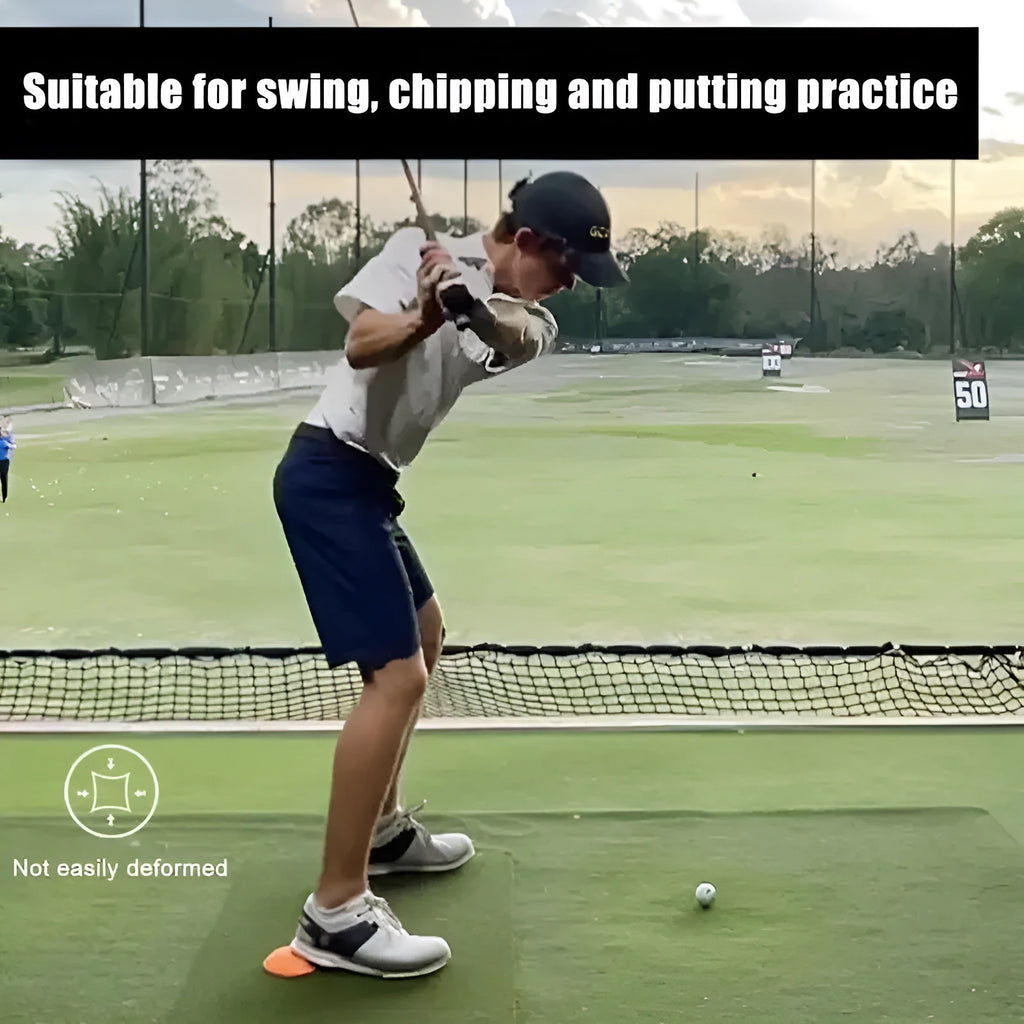 Orange golf training mat with natural rubber construction for centre of gravity swing practice