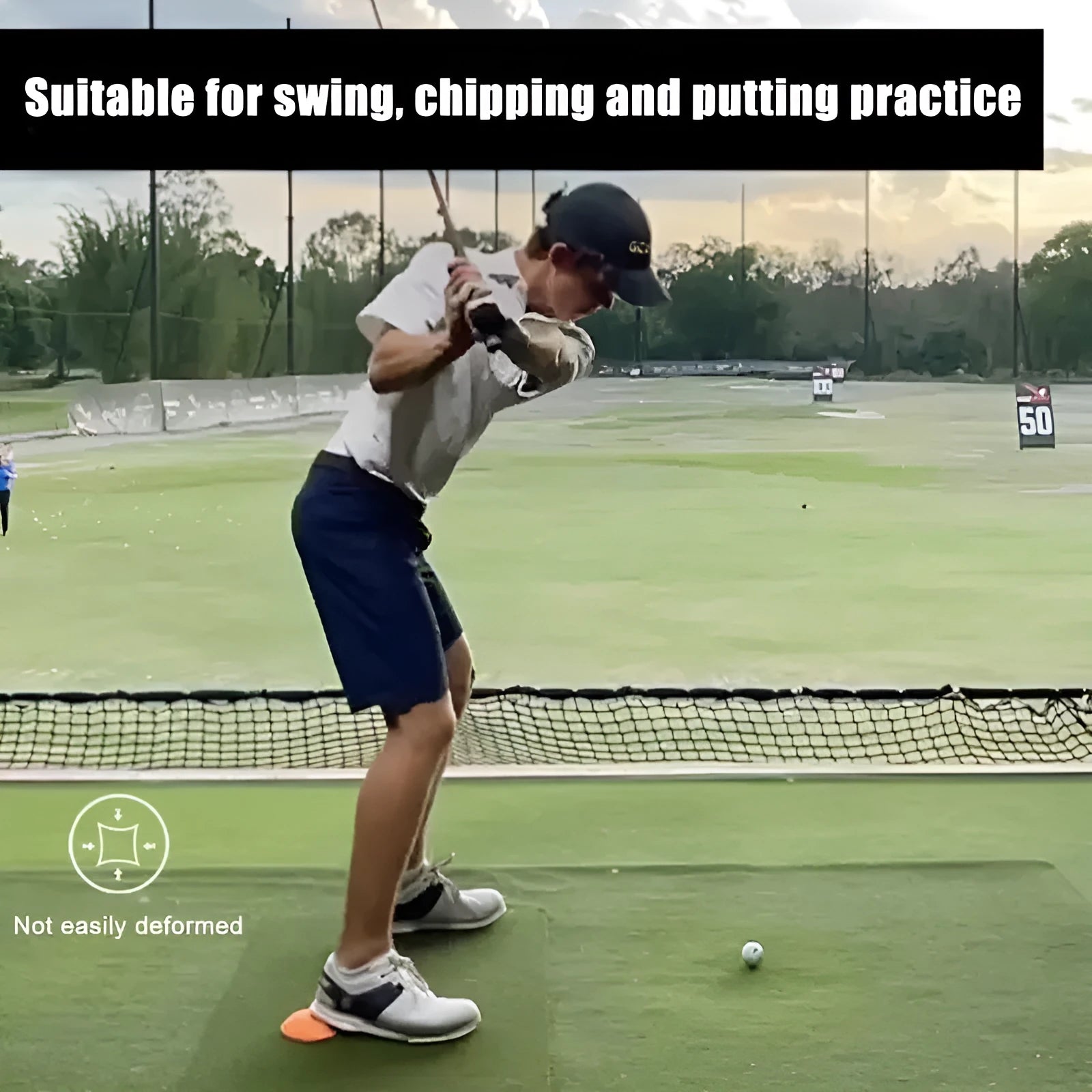 Orange golf training mat with natural rubber construction for centre of gravity swing practice