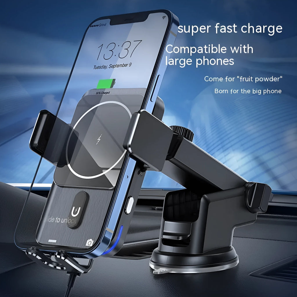 Black car wireless charger phone holder with 15W charging and suction cup or clip mounting options