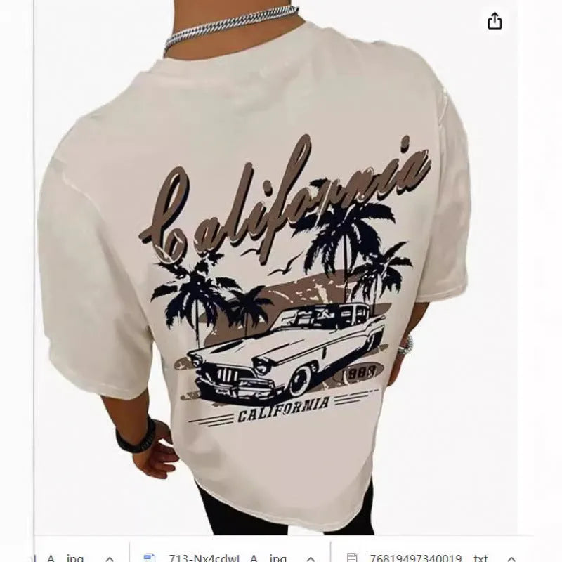 Men's printed short-sleeve street sports t-shirt on a hanger showing one of ten colour designs.