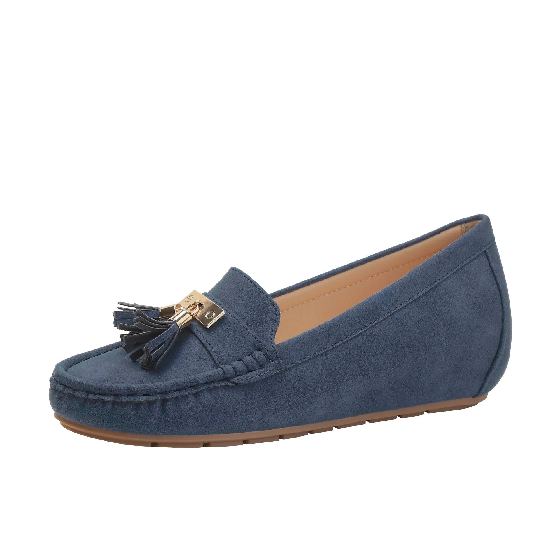 Nude casual work shoes with a mid heel, round toe, available in black, brown, blue, and milky white.