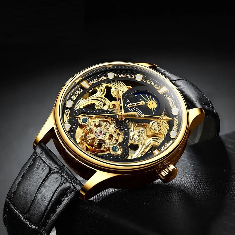 Gold leather strap automatic mechanical watch for men on wrist