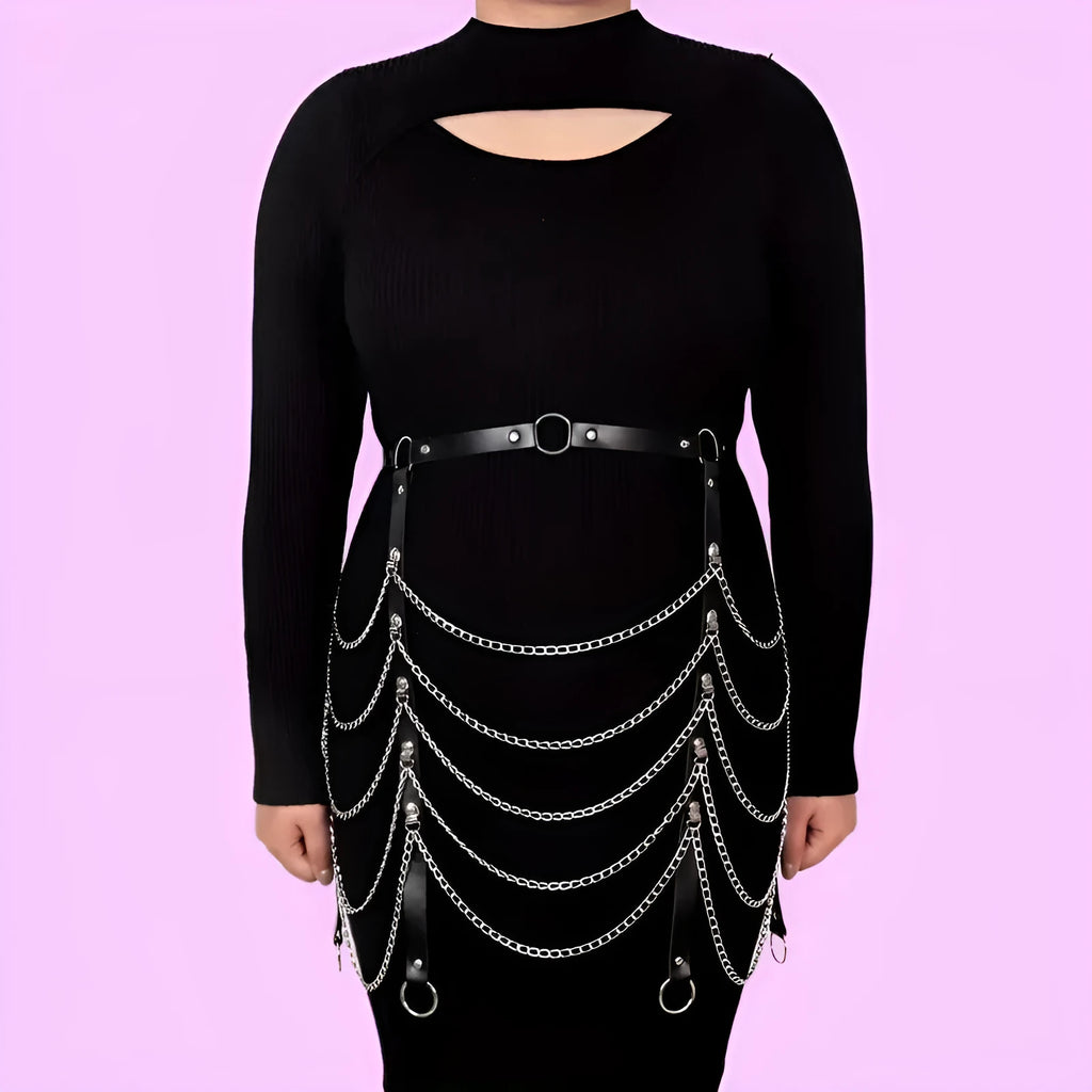 Black PU leather waist chain with bandage binding design and metallic ornament detail