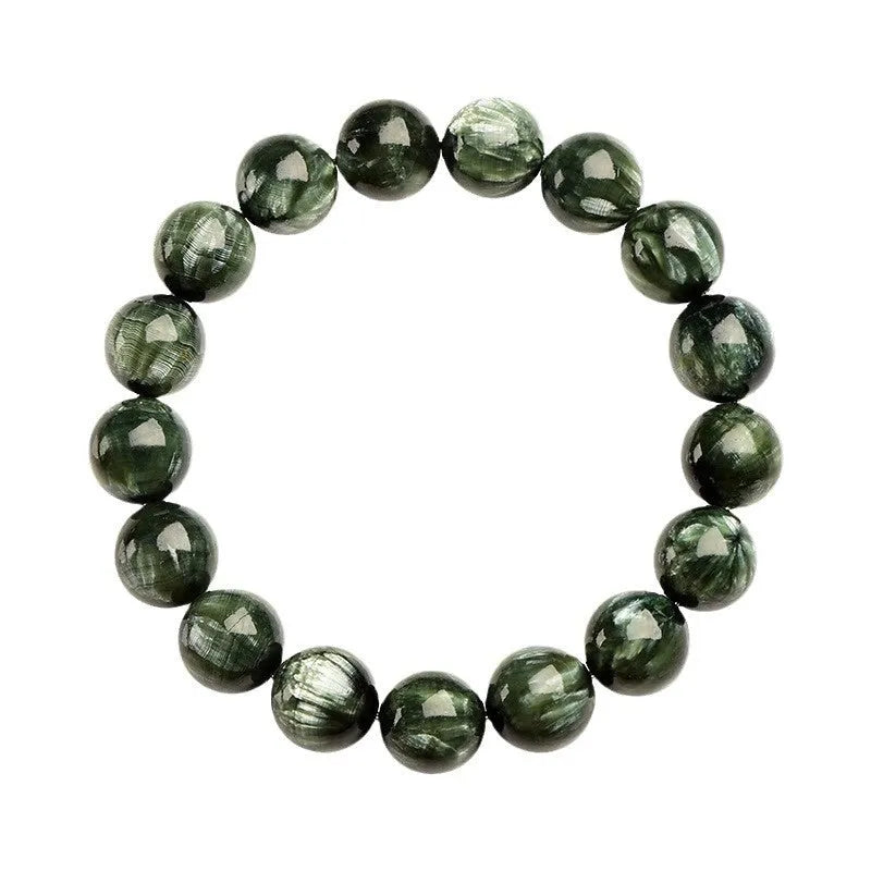 A single-ring green dragon crystal bracelet with round beads and a ruyi design element.