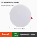 Ultra-thin aluminium LED panel light on a ceiling, showing circle and square shape options.
