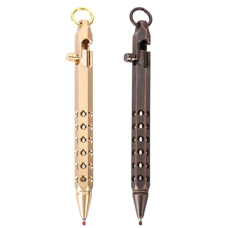 Brass hexagonal bolt rollerball pen with 0.5mm tip and retro mechanical design