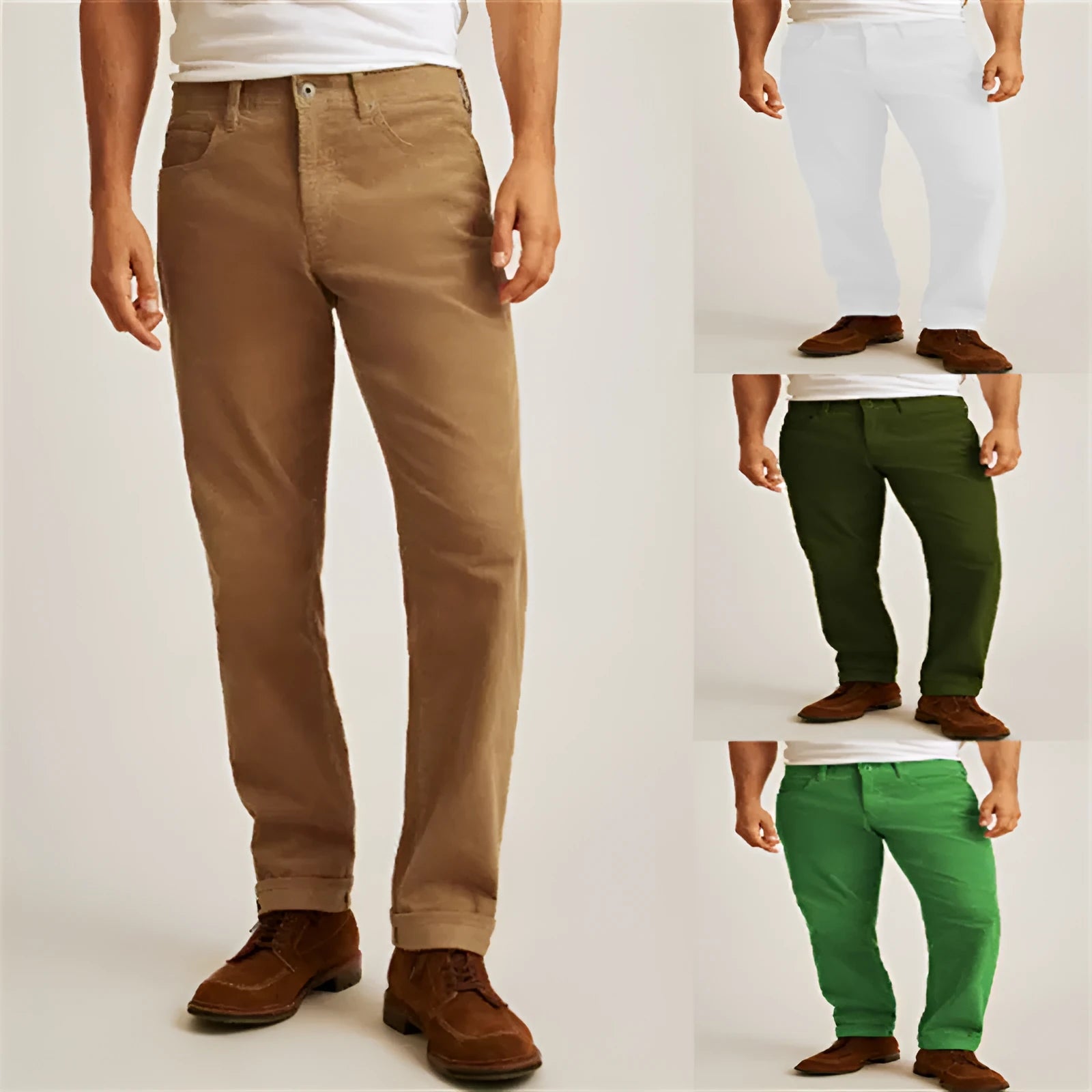 Green corduroy loose straight-leg casual trousers laid flat, showing mid-waist and zip fly detail.