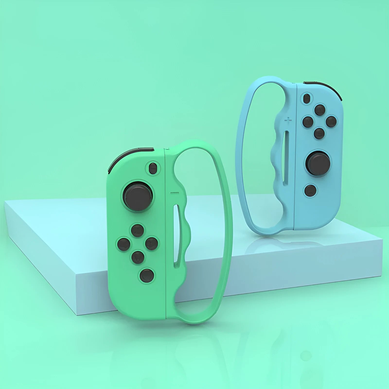 Nintendo Switch Joy-Con handle grips with hand rope attachment in black, blue green, or blue red colours