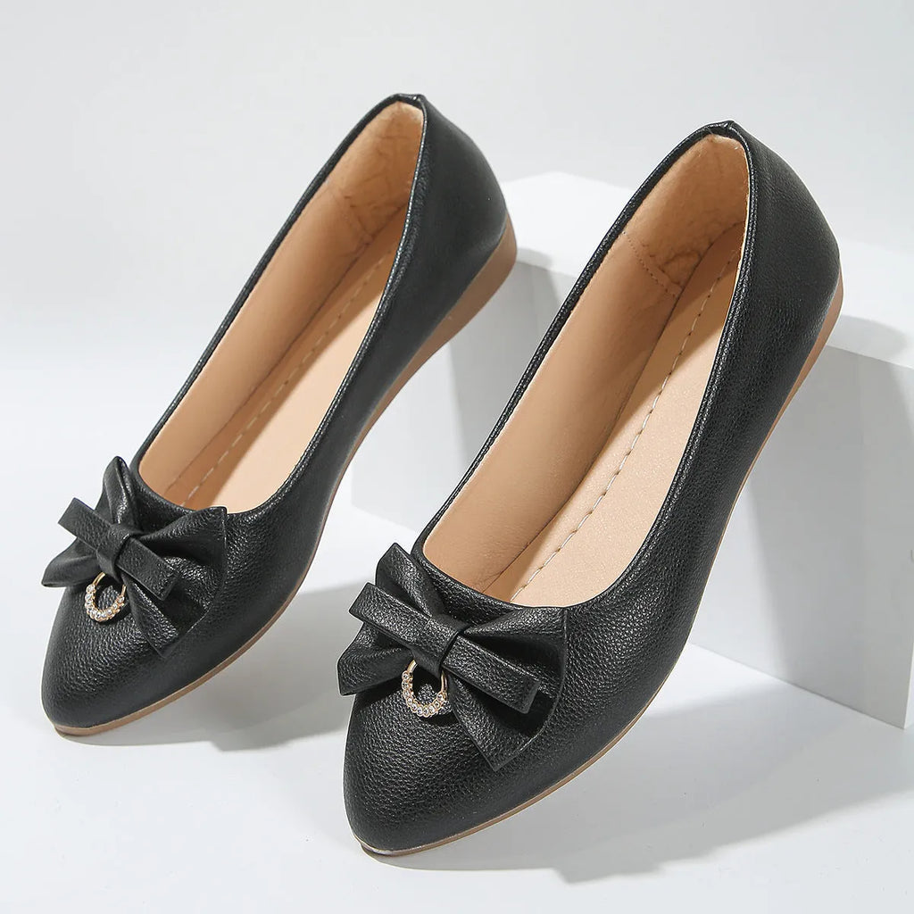 Women's plus size shallow mouth bowknot flat shoes in artificial PU with rubber soles