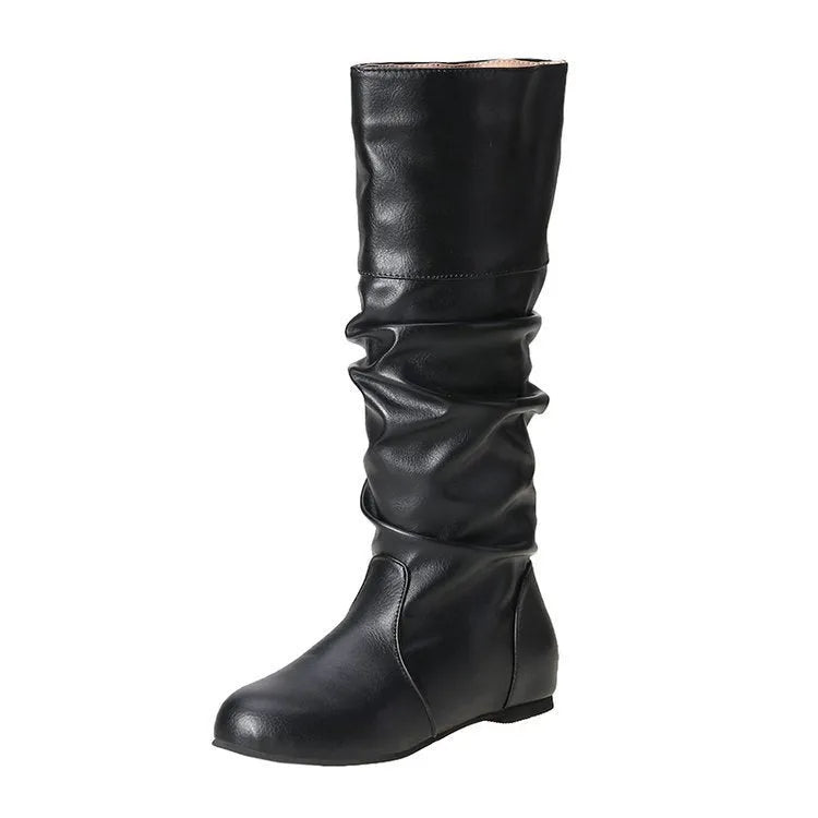 Women's black slip-on flat high cylinder boots with a round toe and rubber sole.