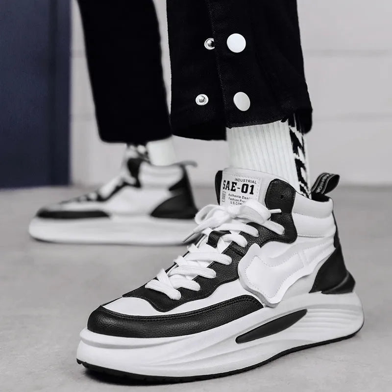 Men's black and white high-top board shoes with round toe and platform sole.