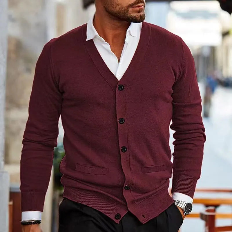 Men's slim fit acrylic cardigan sweater in wine red colour on hanger