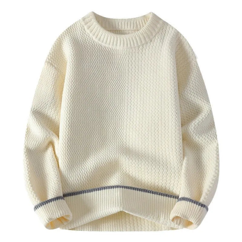 Grey men's loose fit round neck long sleeve pullover sweater for casual autumn wear.