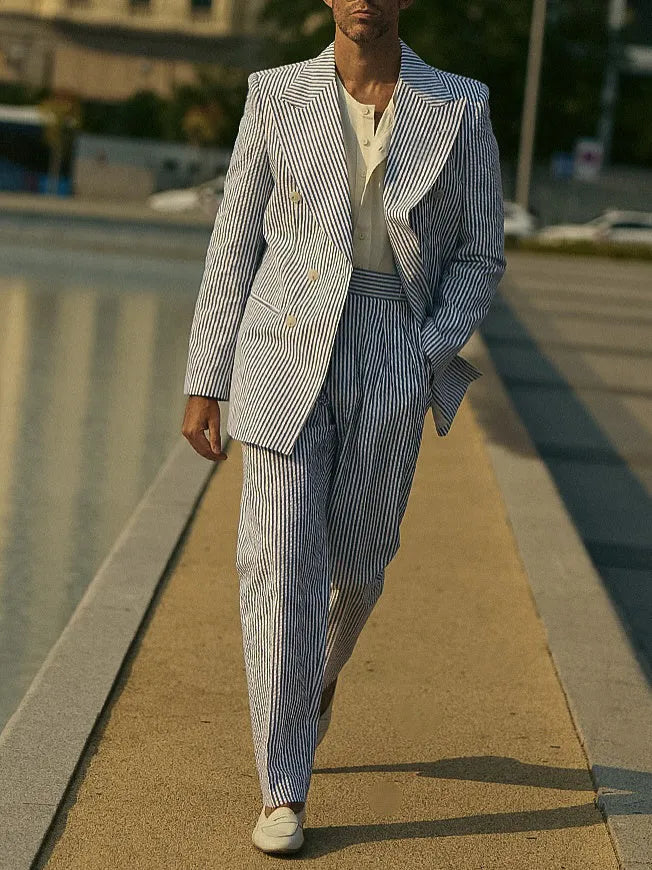 Blue and white striped men's suit set with blazer and trousers on a mannequin