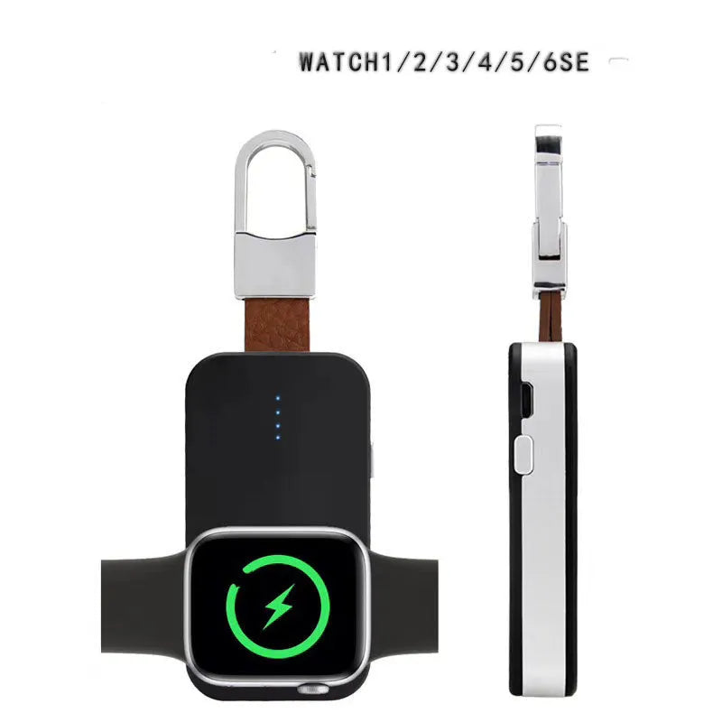 Black Apple Watch keychain power bank showing portable wireless charger dimensions