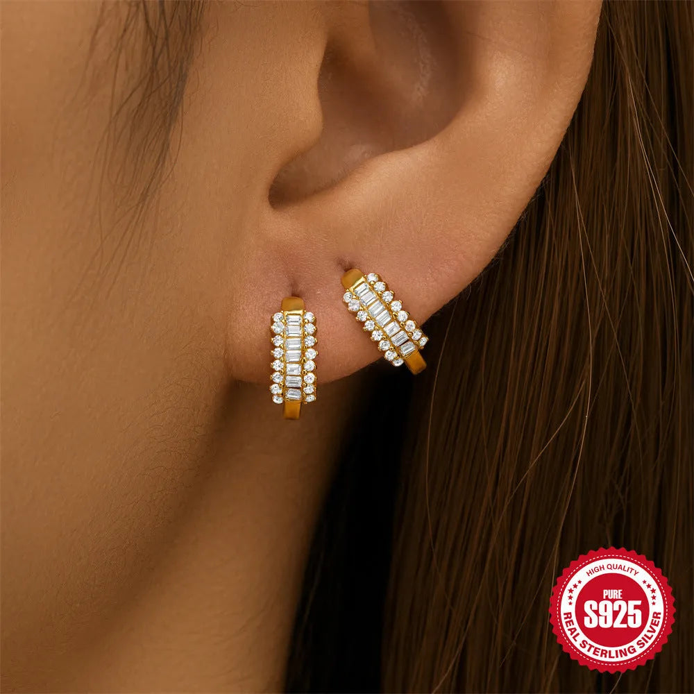Small round geometric sterling silver stud earrings with diamond-cut detail in gold or silver electroplated finishes