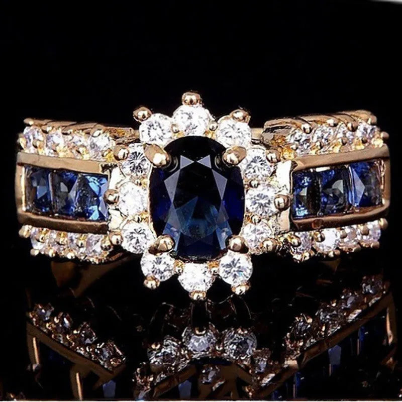 Zinc alloy fashion ring with blue diamond or purple zircon stone, shown in sizes 6 to 11.