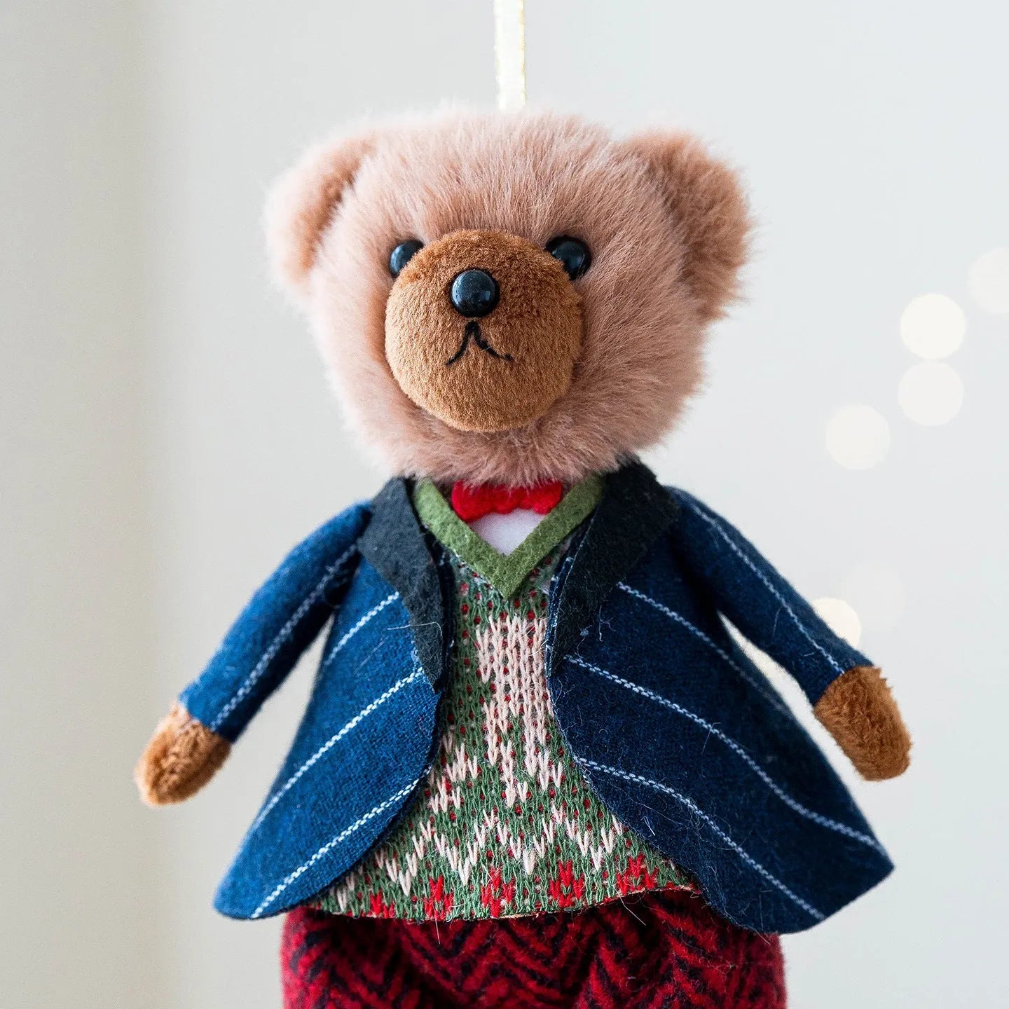 Cartoon plush bear doll couple in cotton plaid suits, showing gentleman bear and princess bear side by side