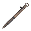 Solid brass tactical pen with hexagonal bolt design on barrel.