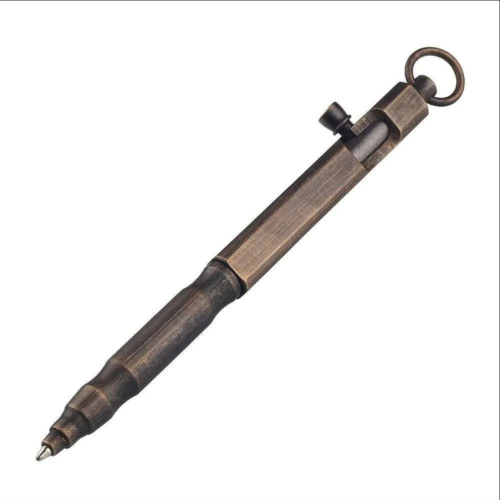 Solid brass tactical pen with hexagonal bolt design on barrel.