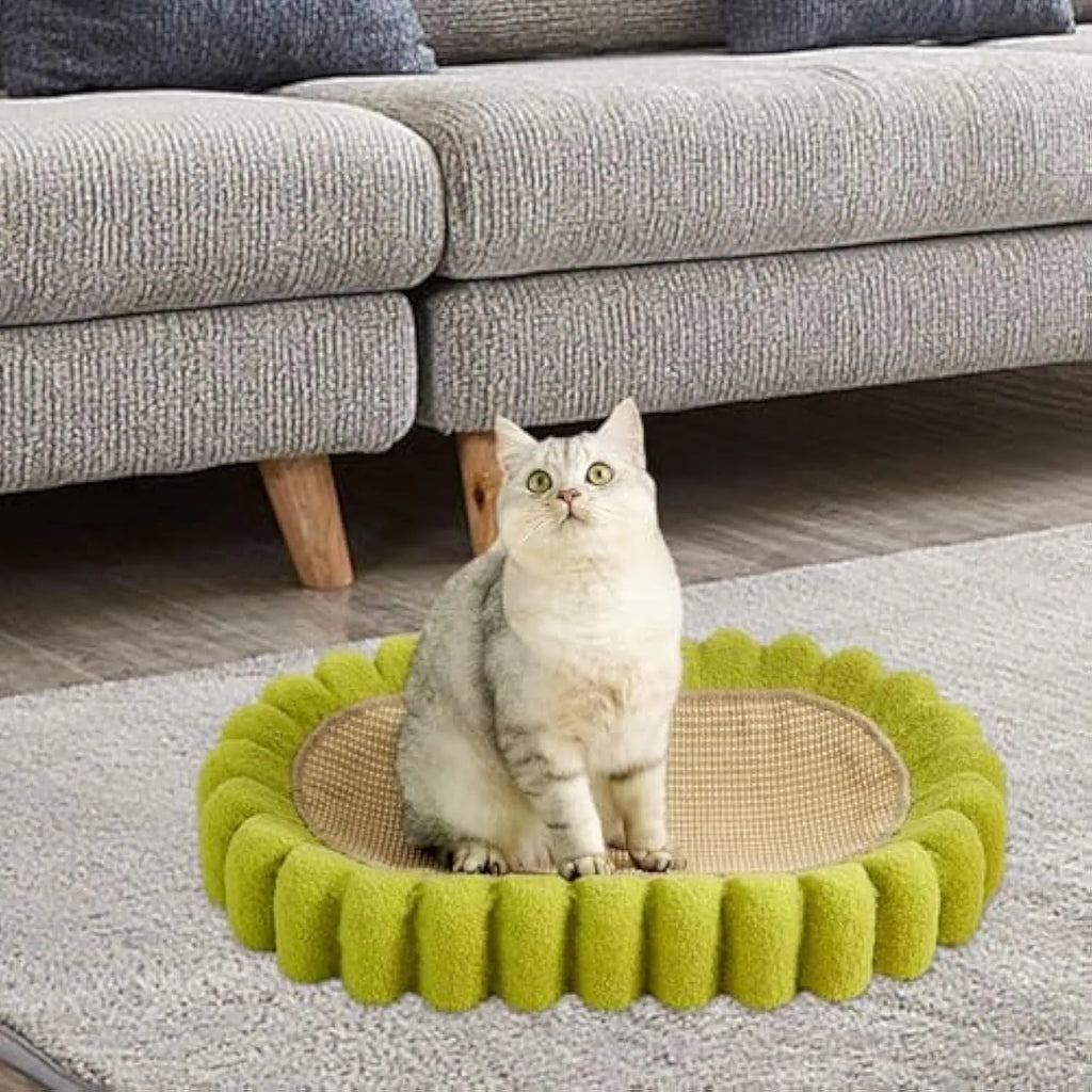 Green oval cat scratcher pad and bed made from sisal, measuring 65cm long.