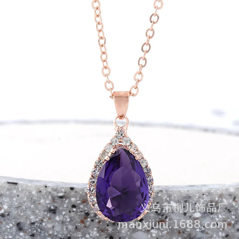 Rose gold pink drop shape alloy necklace with rhinestone and geometry elements