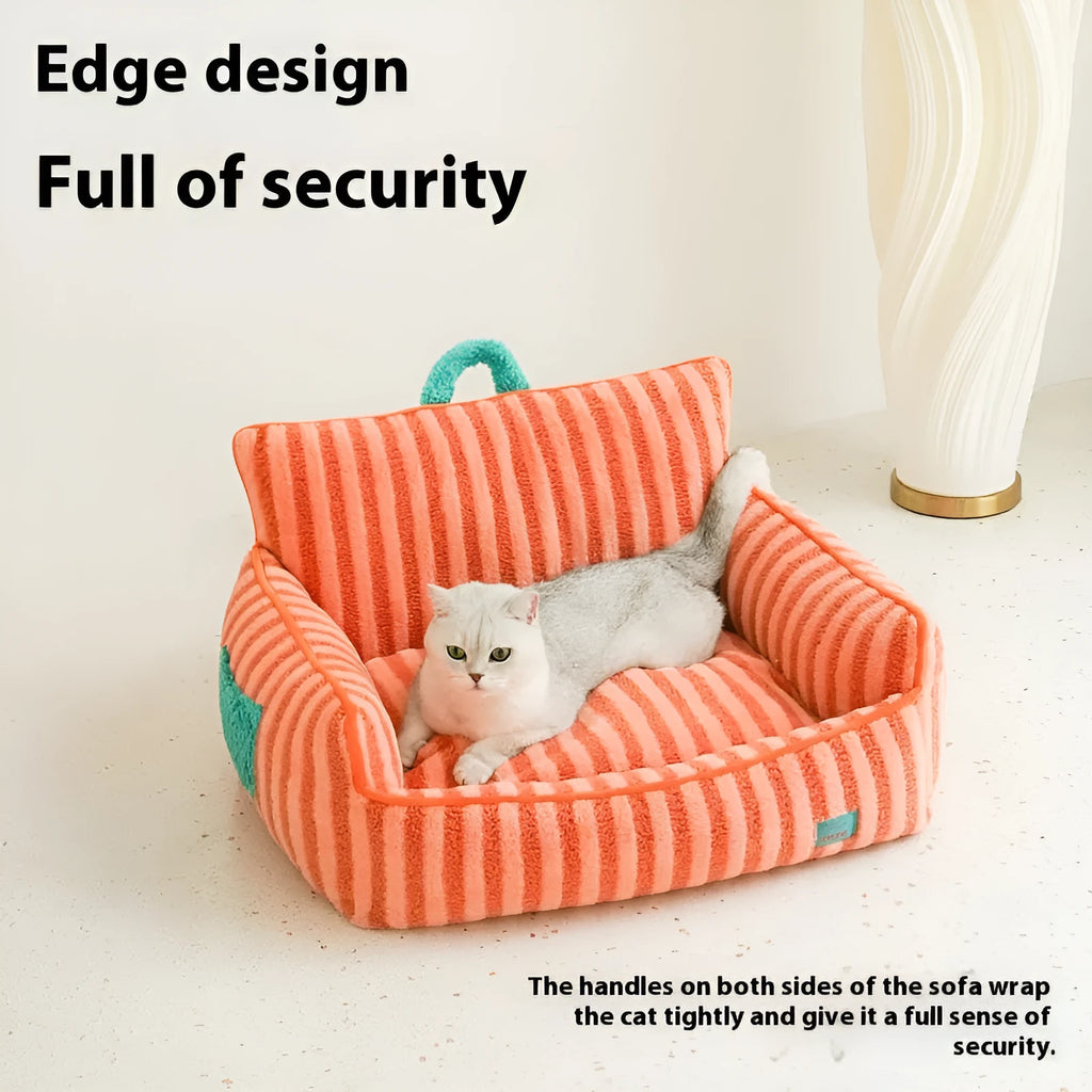 Striped soft velvet pet bed with removable cover in orange, purple or yellow colour