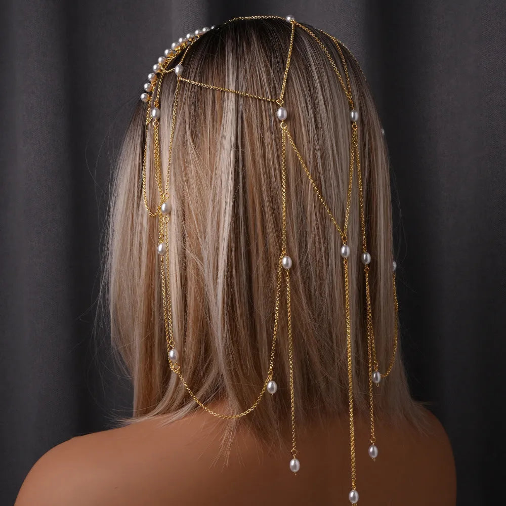 Mesh tassel hair chain with electroplated gold finish and pearl decorative elements