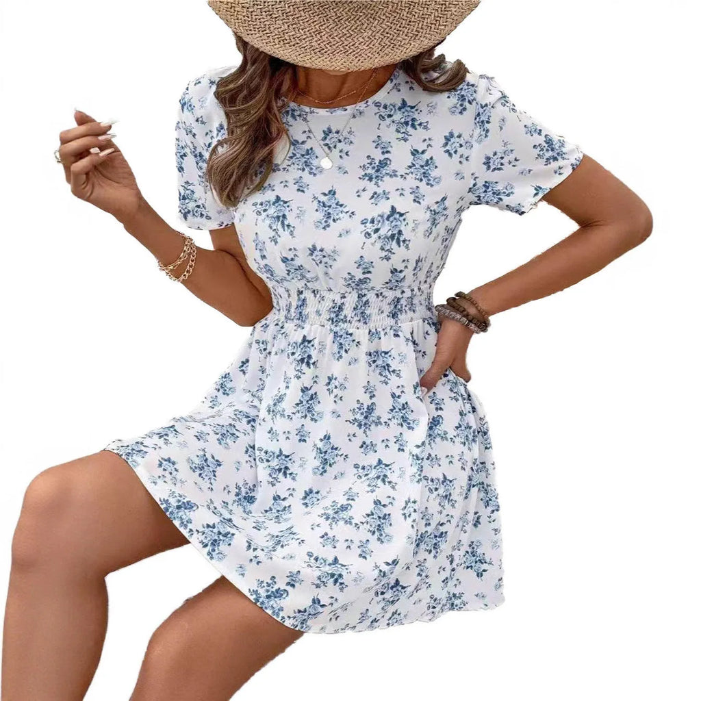 Light blue A-line women's dress with high waist and backless design