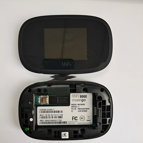 Black MiFi8000 portable 4G wireless router with battery and cable.