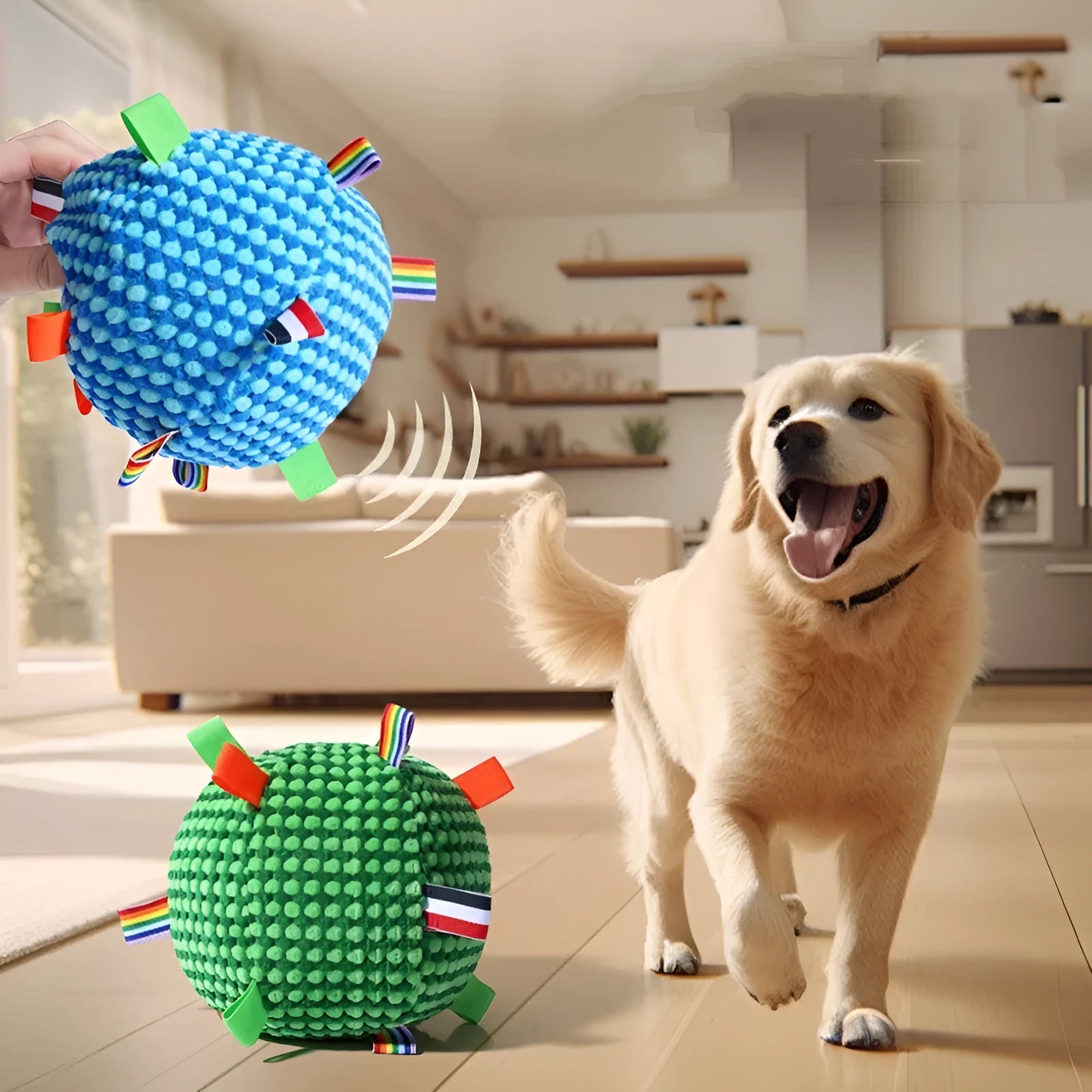 Blue and yellow vocal ball ring dog toy with pineapple lattice texture measuring 17cm diameter