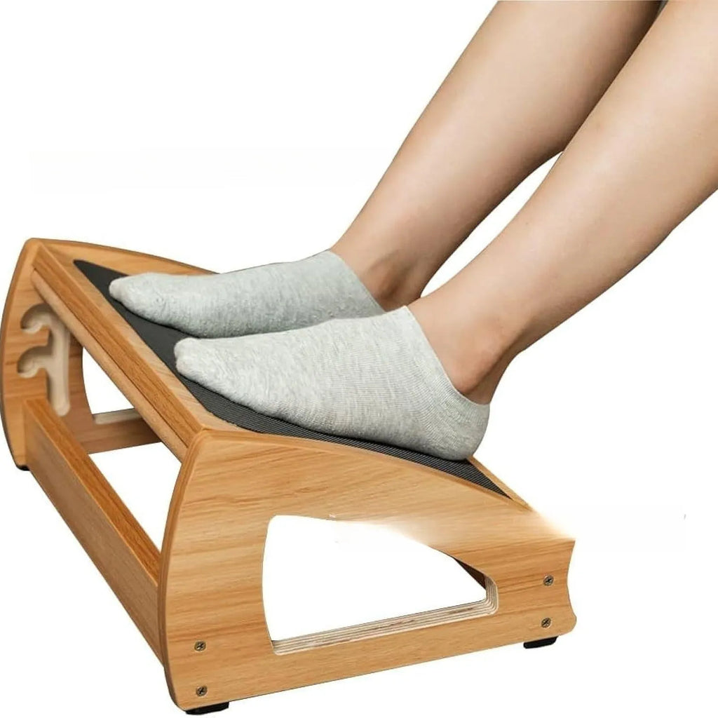 Adjustable bamboo office desk footstool in natural wood colour with modern simple design