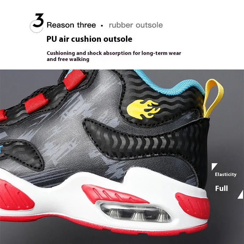 Children's basketball shoes with rotating button fastening in multiple colours, showing synthetic leather upper and PU sole