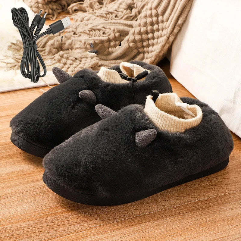 USB electric foot warmer slippers in black, grey, matcha green and taro colours with USB cable.