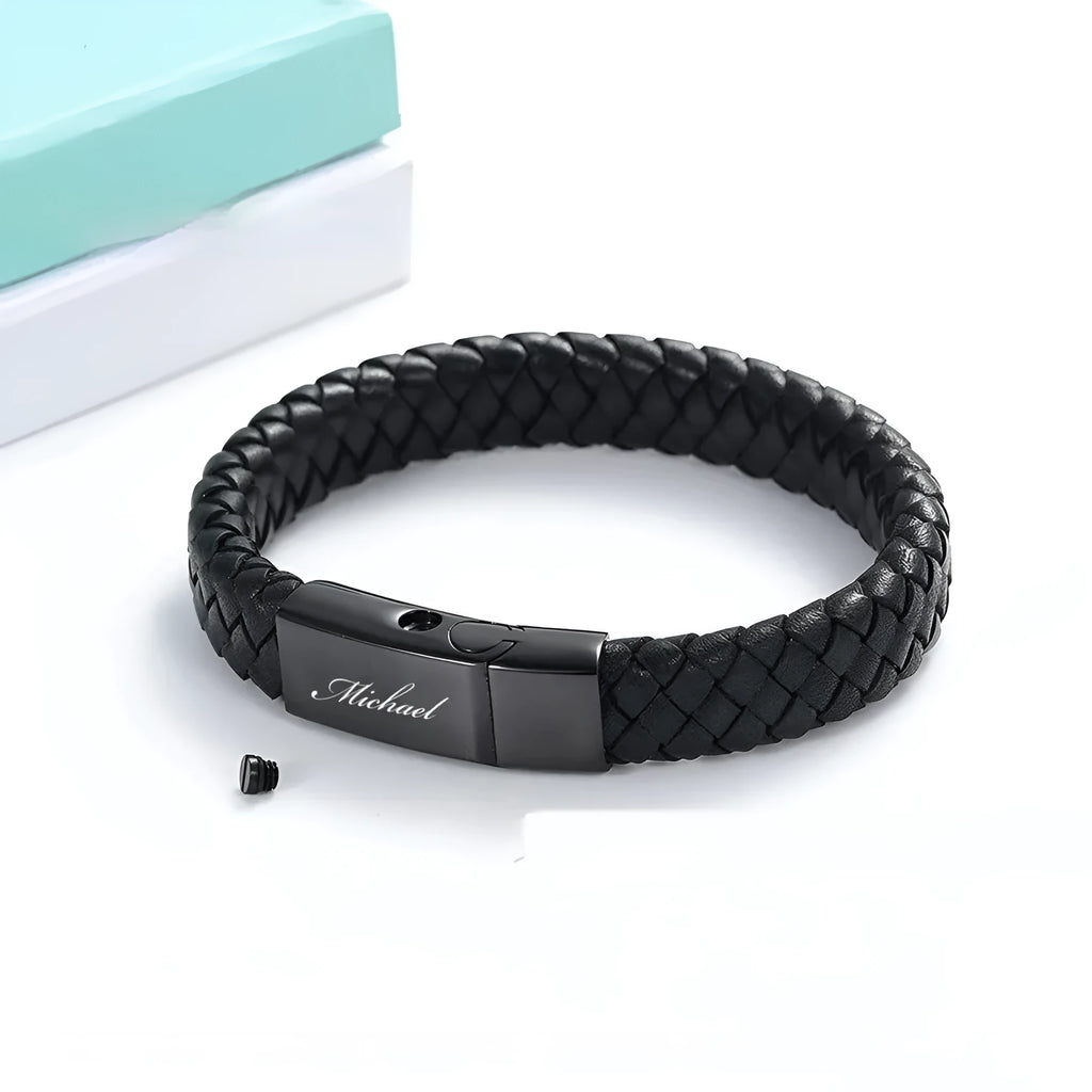 Black stainless steel cinerary casket bracelet with leather elements and English letter design