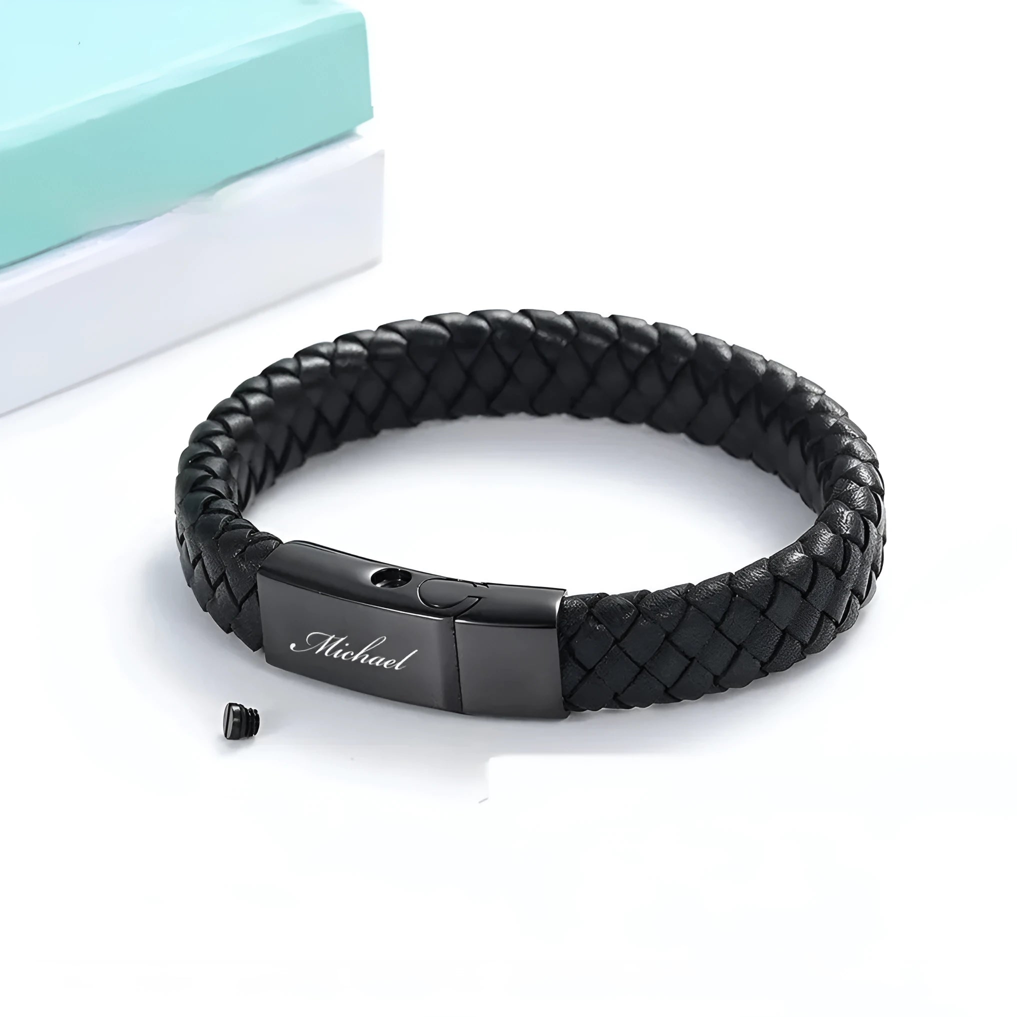Black stainless steel cinerary casket bracelet with leather elements and English letter design