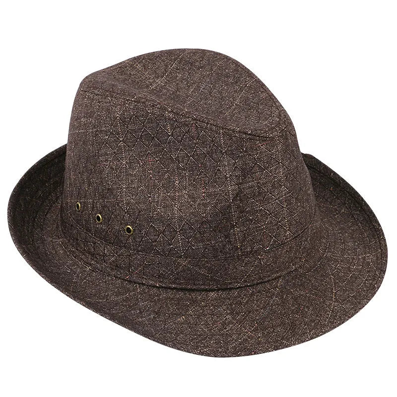 Men's classic fedora hat in suit material showing thickened construction and traditional silhouette