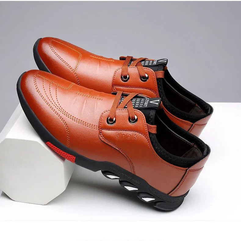 Men's black and brown business casual shoes with PU leather upper and flat heel design