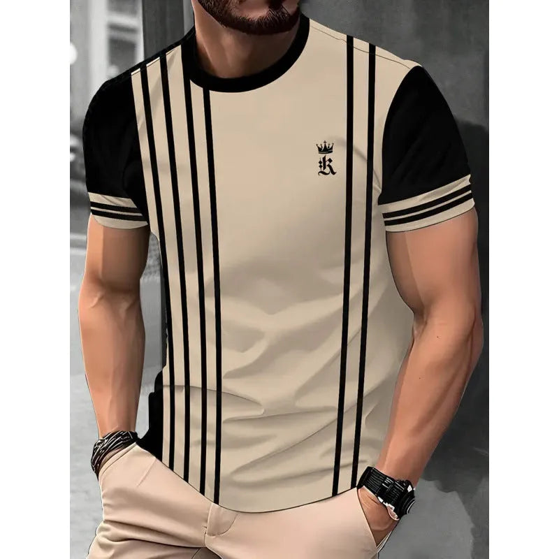 Man wearing a loose fit short-sleeved T-shirt with a digital 3D printed stripe pattern.