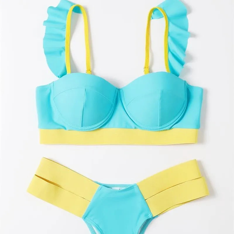 Women's contrast colour bikini swimsuit with steel bracket push-up, shown in rose red.