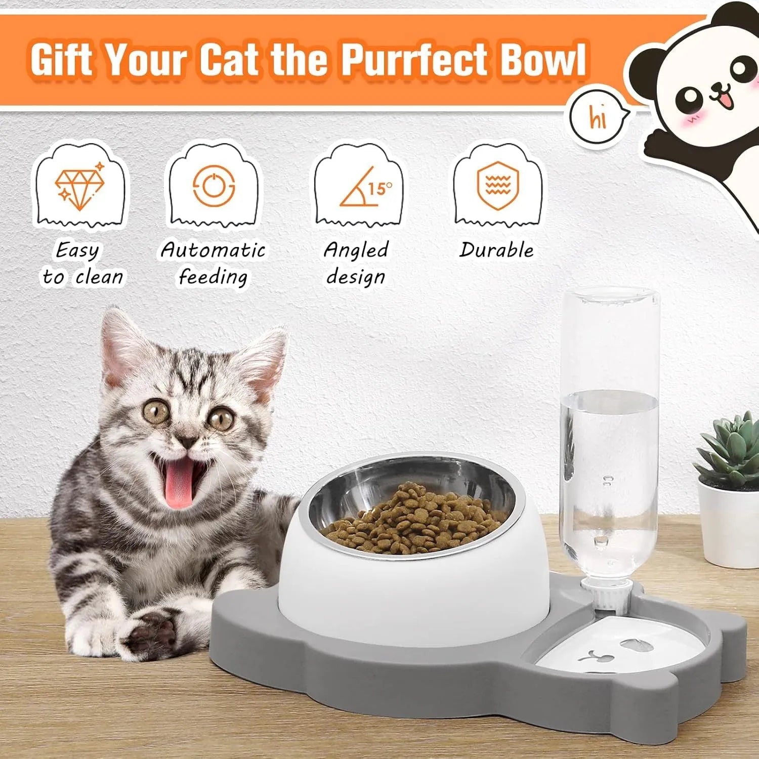 Grey panda-shaped raised pet feeder with tilted food bowl and automatic water bottle
