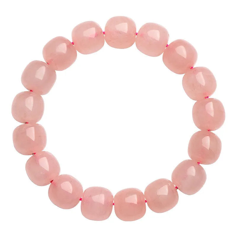 Natural pink crystal barrel bead bracelet with geometric 8x10mm beads