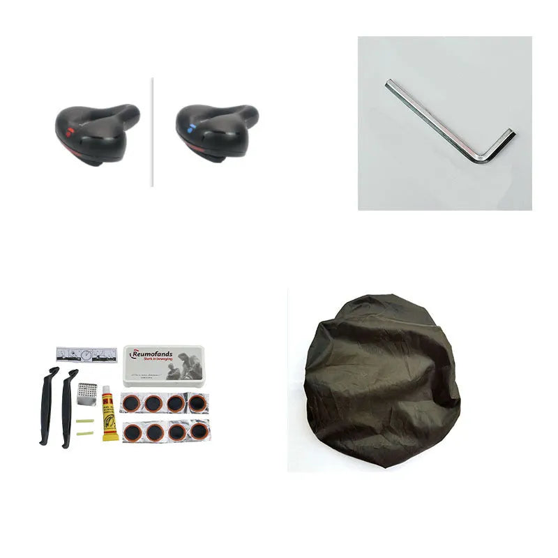 Bicycle saddle cushion with silicone gel insert, waterproof PU leather cover, steel bow frame, and included wrench and tire patch kit