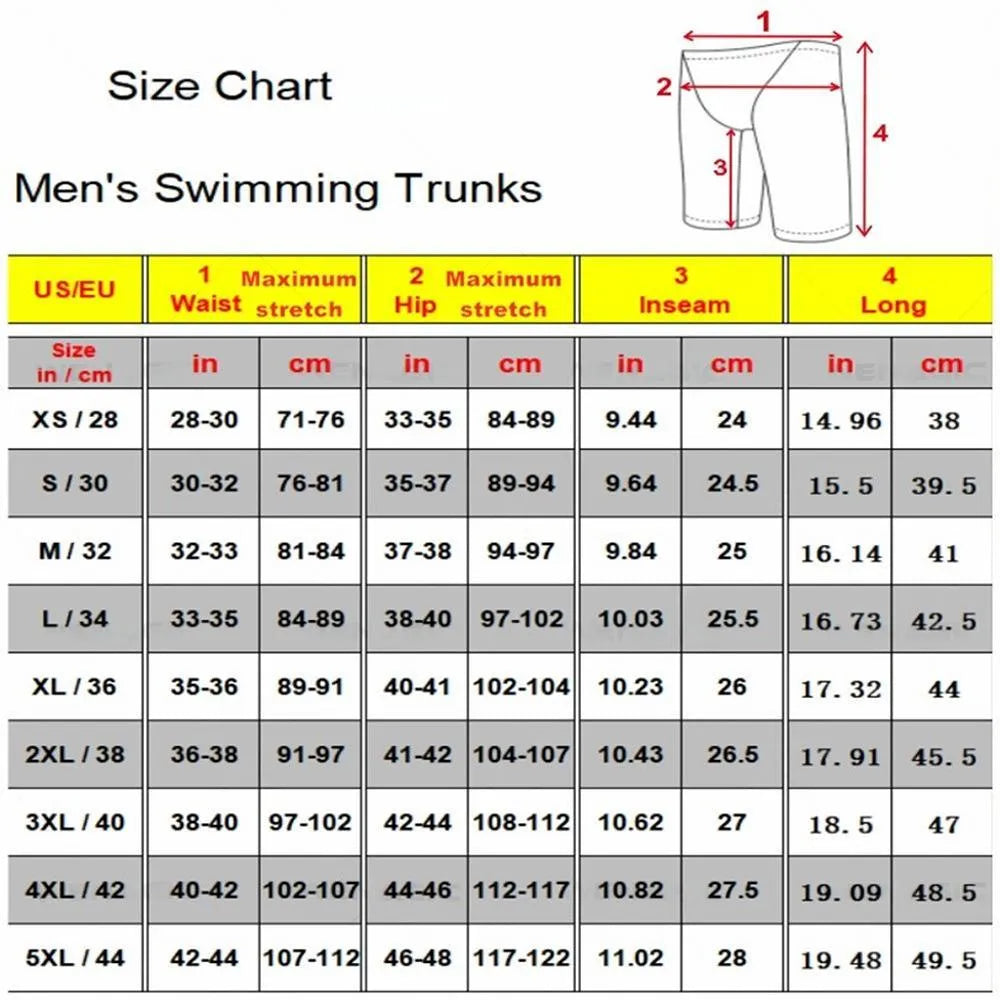 Men's solid colour Lycra blend briefs-style swimming trunks laid flat, showing size range from XS to 5XL.
