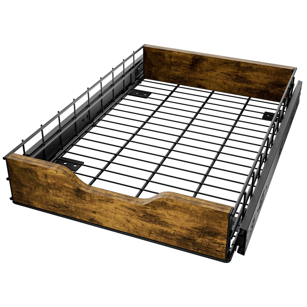 Black simple modern storage rack with a pull basket, made from wood and iron for drawer organisation.