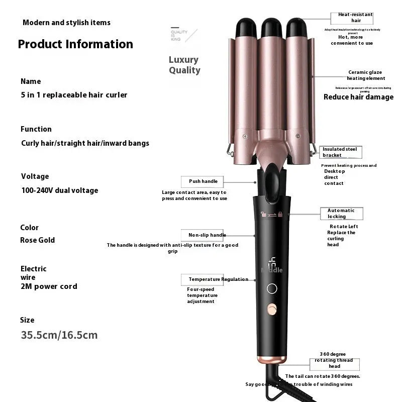 Rose gold five-in-one interchangeable tube hair curler with LCD display and negative ion technology