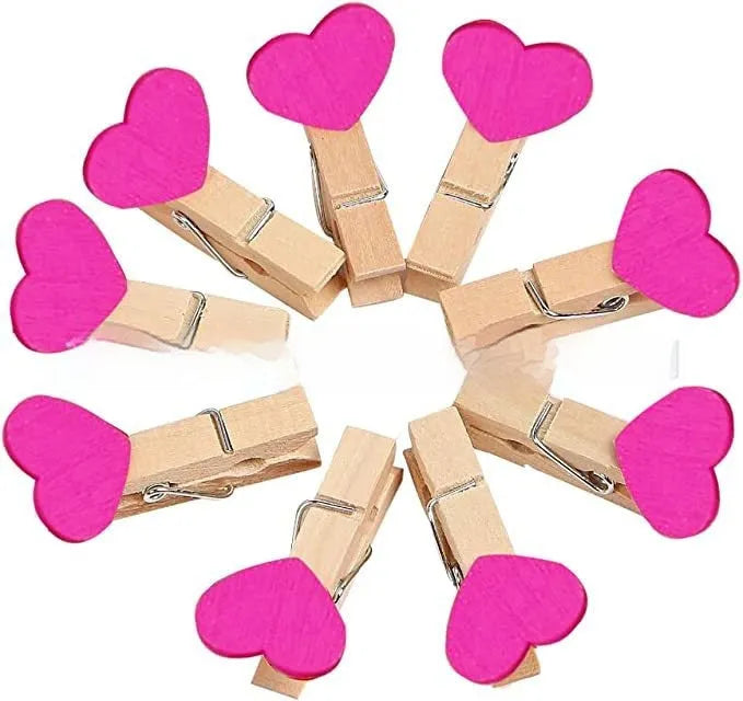 Set of five handmade solid wood heart-shaped clips in red, pink, white, and yellow.