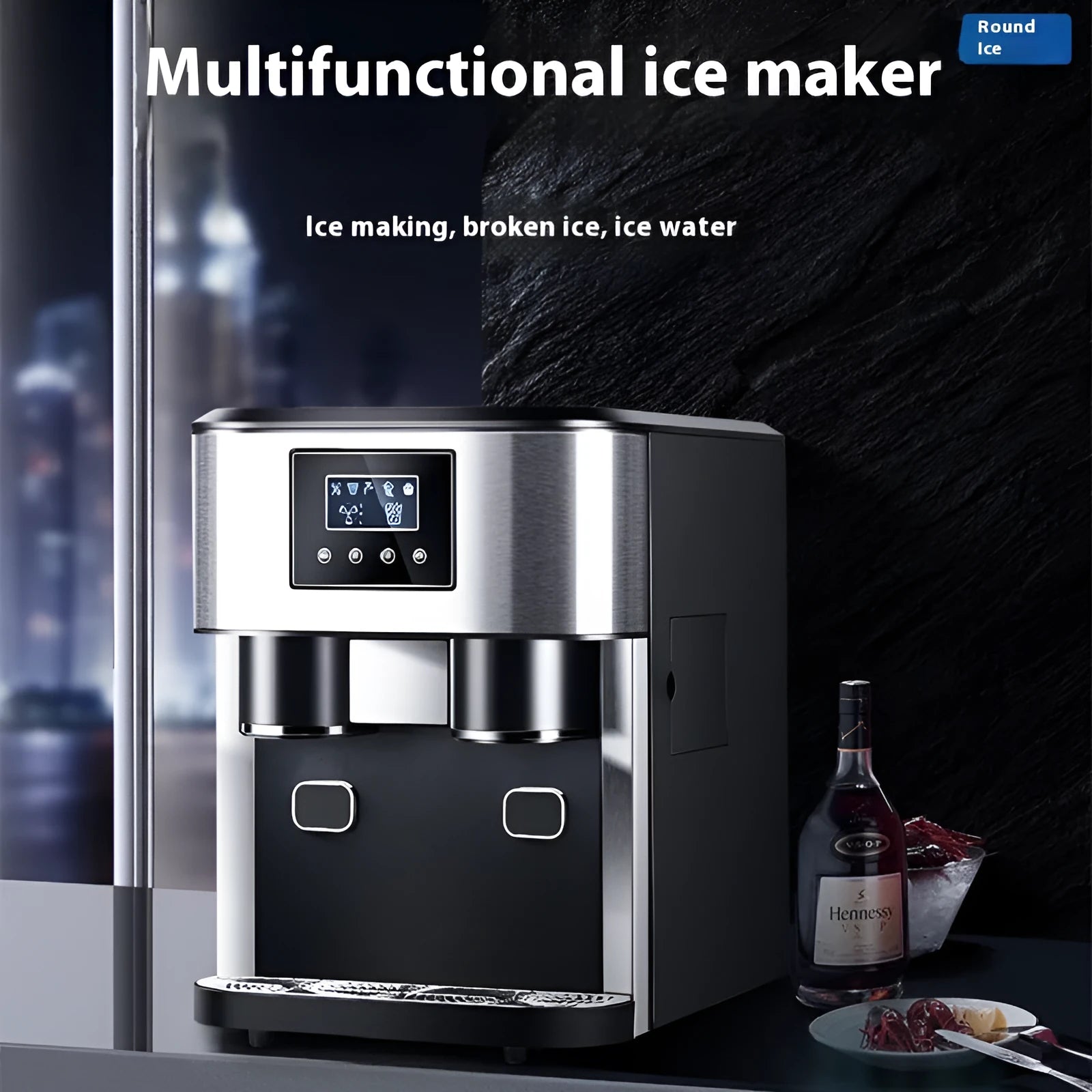 Black desktop ice maker with stainless steel trim showing ice production and water dispensing functions