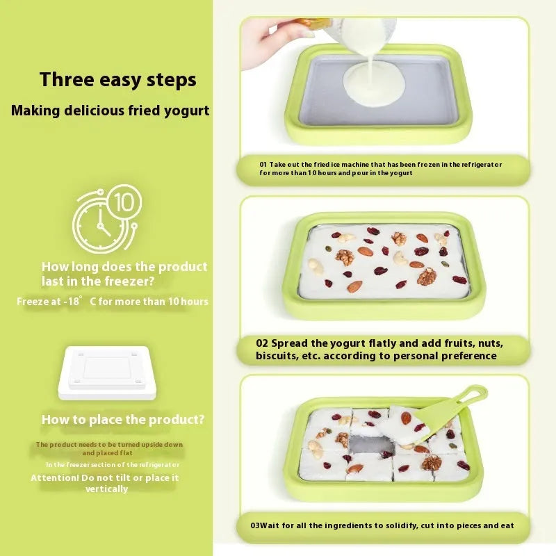 Manual DIY fried yogurt machine in green, pink, rose red, or white colour measuring 22.5cm by 17.5cm